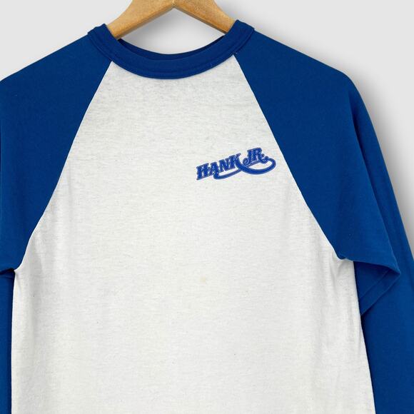 90s Vintage Hank Williams Jr Raglan Baseball Tee Blue Country Music Shirt Small - Picture 5 of 5